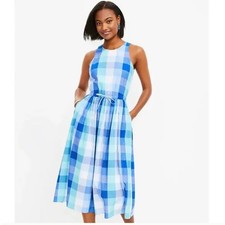 LOFT Plaid Cutout Back Midi Pocket Dress Blue Aqua White Sz S {3W34}