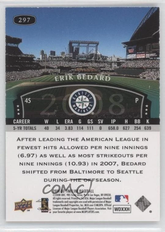 2008 Upper Deck Timeline Gold /100 Erik Bedard #297 - Image 2 of 2