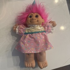 Russ Troll Kidz Doll Vintage 12 Plush Happy Birthday 90s Pink Hair Toy Dress