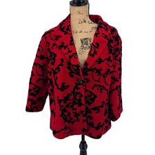 Coldwater Creek Red Black Scroll Print Wool Blazer Jacket 1X Velvet Brocade