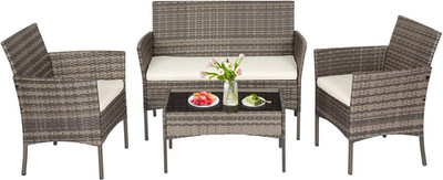 | 4-Piece Patio Furniture Set | Gray & Khakhi | Outdoor Wicker Furniture with Co