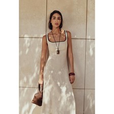 Zara Linen Blend Midi Dress Beige Black Trim Square Neck 8214/939 XS NWT