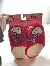 Sanrio HELLO KITTY Cozy Plush Slippers Big Girls Size 1-2 S/M Red Faux Fur NWT