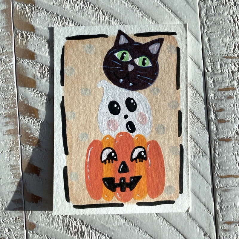 ACEO ORIGINAL VINTAGE Halloween Cat Ghost Pumpkin Design DOODLEALLADAY signed