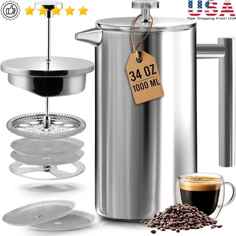 Double Walled Stainless Steel French Press Coffee Maker 4 Layer Filtration New