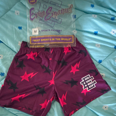 Eric Emanuel Men's Mesh Athletic Shorts Purple Star Print Drawstring Sz M