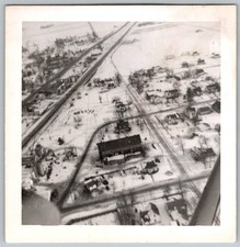 Vtg B&W Snapshot Aerial View Snowy Small Town Winter Landscape Houses 1950s