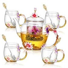 5 Pcs Floral Glass Tea Set for Women, 51 oz Vintage Flower Teapot, 4 Daisy