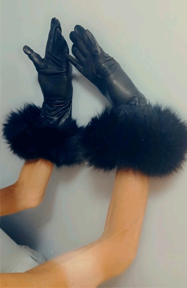 19 英寸黑色儿童皮革手套带 4 英寸黑色狐狸袖口,尺寸 7 5 法国 sik 有衬里 — 第 4/4 张图片