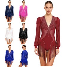US Womens Latin Jazz Dance Dress Tango Rumba Samba Dance Fringe Skirts Leotard