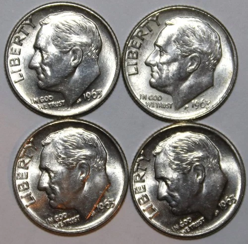 (4)  1963-D Roosevelt Dimes - BU - 90% Silver - #0369E
