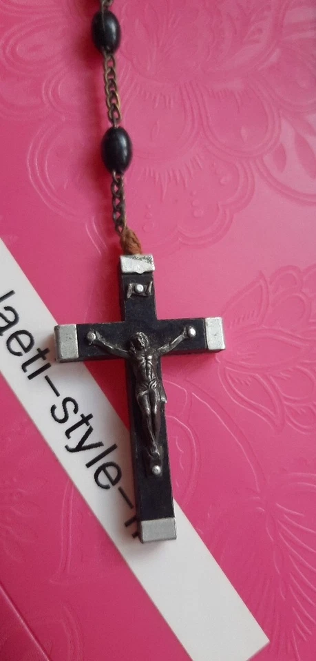 R19106 Ancien Chapelet De Lourdes Bois Noir Et Métal Jésus Marie Religion - Photo 2/4