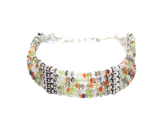 Sterling Silver 925 Diamond Cut Beaded Bracelet with Semi-Precious Stones F772-image