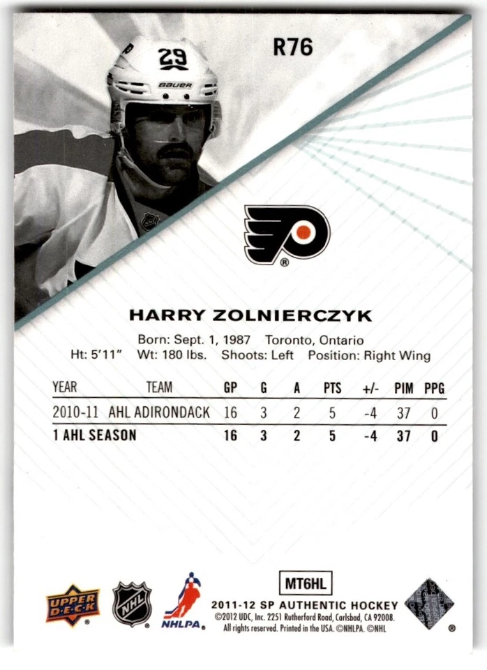 Harry Zolnierczyk 2011-12 SP Authentic Extended Rookie #R76 Philadelphia Flyers - Image 2 of 2