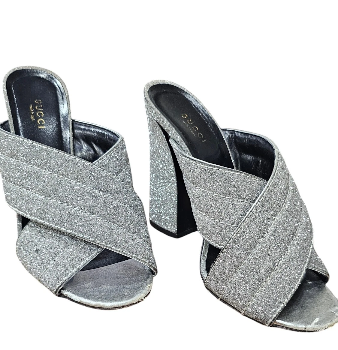 Gucci Webby Mules EU 38,5 US 8,5 sandales croisées argentées paillettes bloc