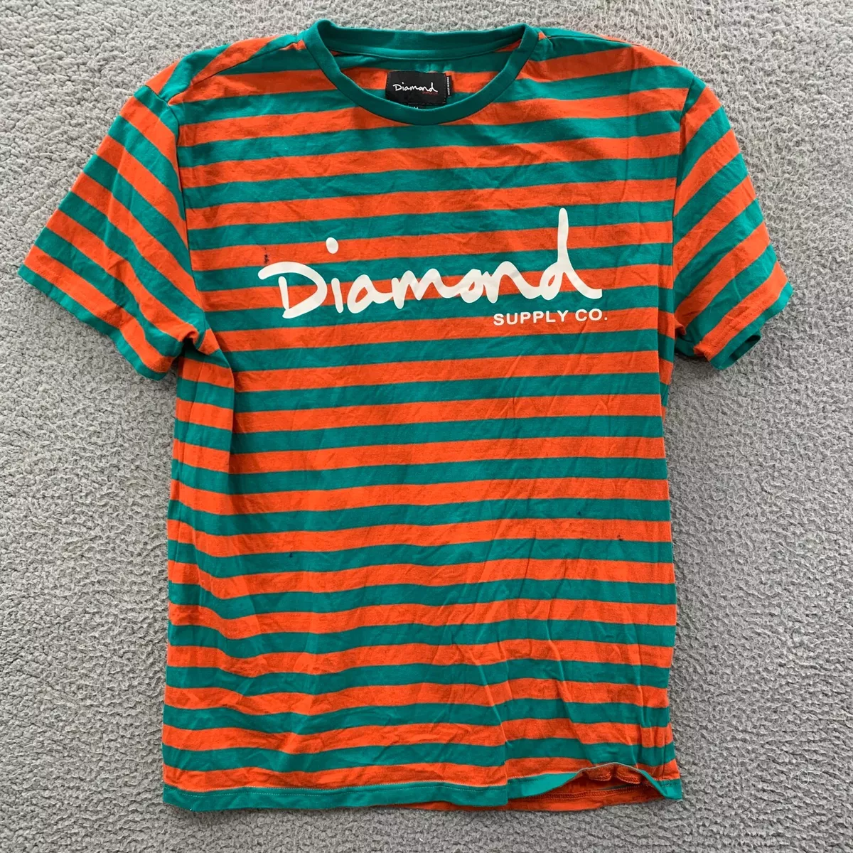 DIAMOND SUPPLY CO T Shirt Mens Medium Striped Turquoise Orange Has Marks