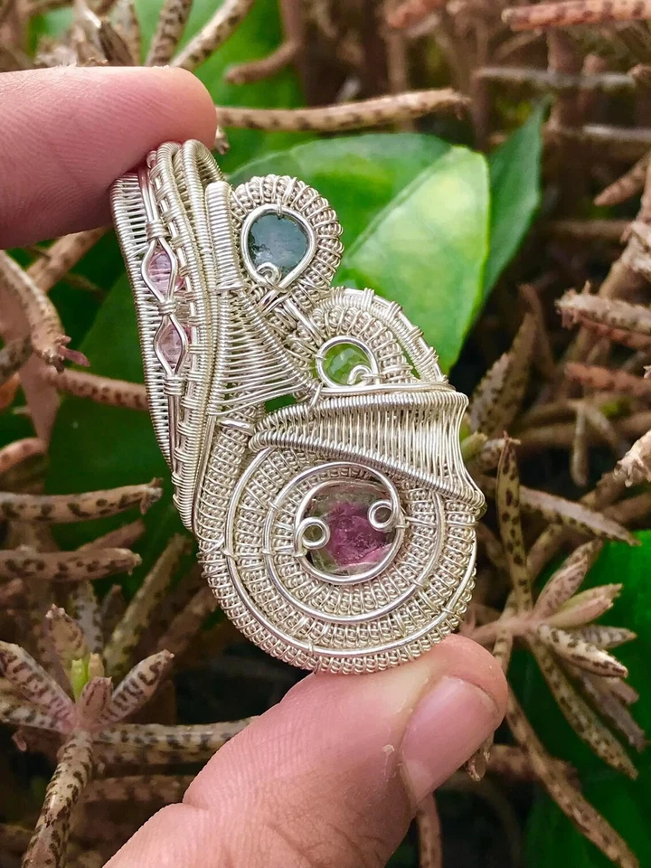 Pingente de peridoto/pingente envolto em fio joia melancia turmalina pingente - Imagem 2 de 4