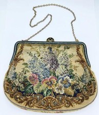 Vintage Austria Pansies Petit Point Purse w/ Enamel  Faux Pearl Gold-Tone Frame