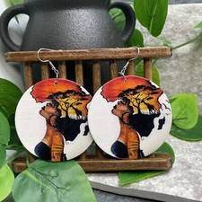 2  Silver-tone Earring Set Boho Retro Wood Dangle Juneteenth African A1393