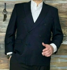 Jaeger Slim Fit 100% Wool Double Breasted Black Striped Blazer Sport Jacket 46R