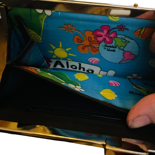Vtg Black Patent Leather Hawaiian Islands Lined Clutch Wallet Chrome Hardware - Picture 7 of 13