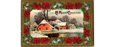 1910 Christmas Postcard- Snow Cottages Poinsettias Dear Cousins- Hamilton Co OH