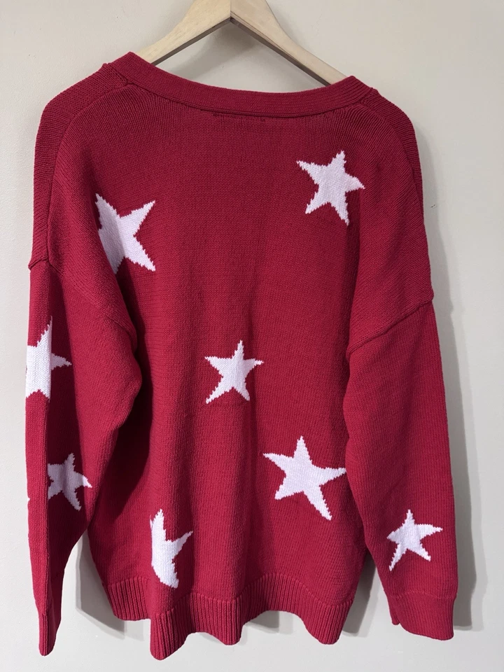 Lane Bryant Sweater Red Stars Patriotic V Neck Chunky Cardigan NWT 18/20 - Изображение 3 из 4