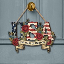 USA 250th Anniversary Wooden Sign, Patriotic Flag Door Decor