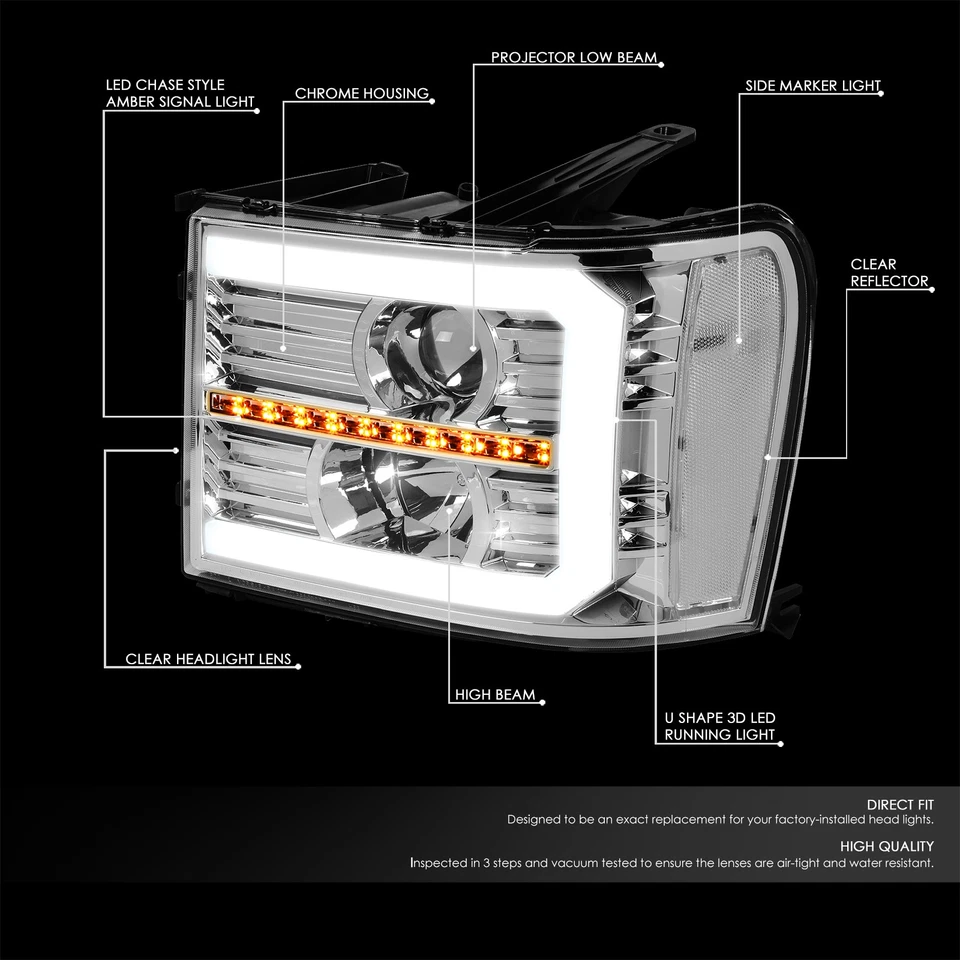 Ajuste 07-14 GMC Sierra LED DRL + Señal Secuencial Proyector Faros Lámparas Cromo Foto 2 de 4