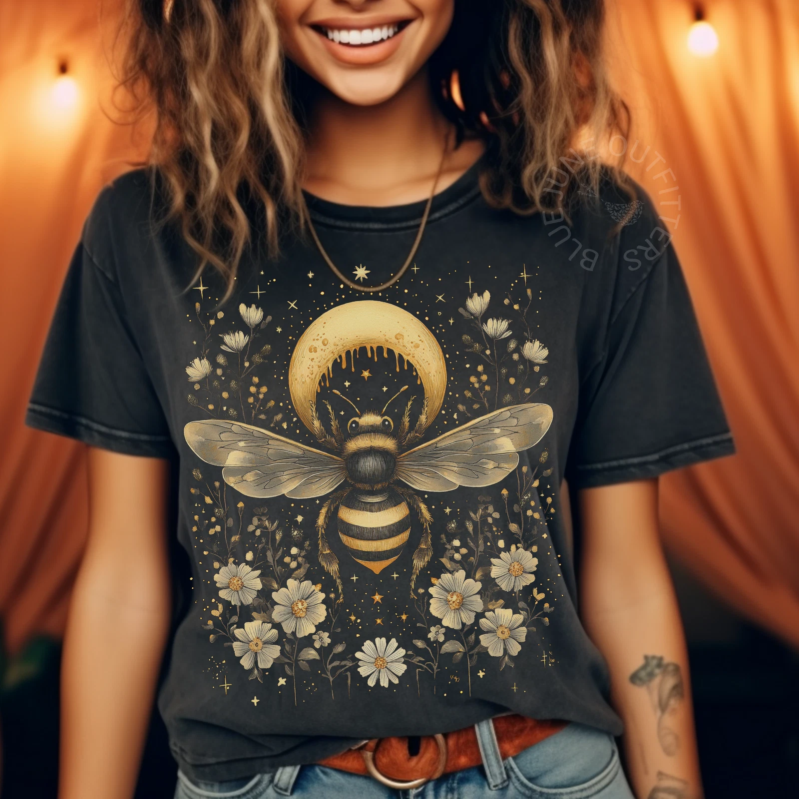 Celestial Bee & Moon Comfort Colors® Graphic Tee – Unisex Vintage-Inspired Shirt