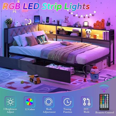 Full Daybed Corner Bed Frame with Charging Station Led Lights Bookcase Drawers