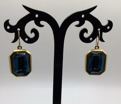 Vintage Signed Trifari TM G/Tone Teal Lucite Rhinestone Pierced Dangle Earrings