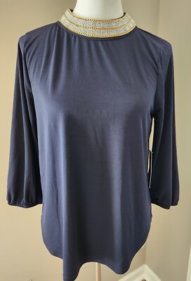 Workwear Navy Blue Top Moa Moa 3/4 Sleeve Beaded Collar Party Women SZ L NWT