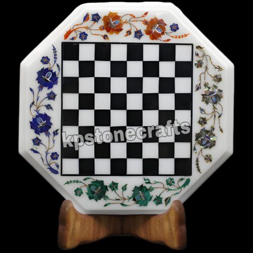 13"x13" Marmor Schachspiel mit schwarzen Onyx Intarsien & Holzfuß Ständer | Handarbeit - Bild 3 von 10