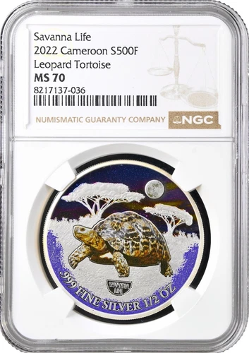 Cameroon 500 francs 2022, NGC MS70, "Savanna Life - Leopard Tortoise" silver
