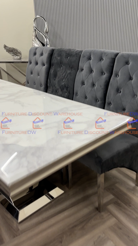 1.8m Arial White Marble Dining Table U Stand and 4 Seater Grey Velvet Chairs Set - Video 1 of 1