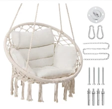 Macrame Hanging Hammock Chair – With Cushion, Beige, for Porch or Bedroom