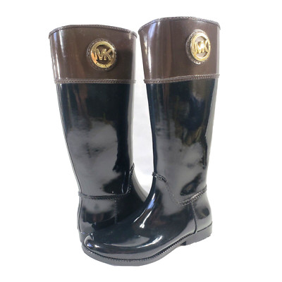 MICHAEL KORS Stockard Gloss Rubber Rain Boots Sz 10 Black Brown Tall  Equestrian