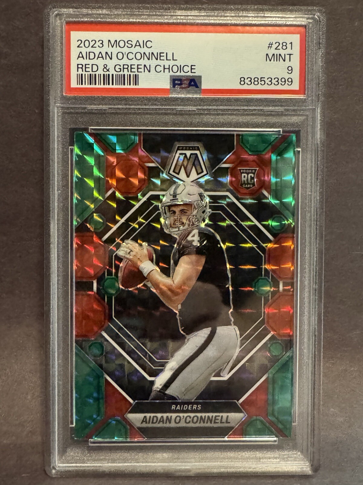 2023 Mosaic Aidan O'Connell Red & Green Choice PSA 9 #281 Raiders Rookie
