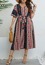 Plus Size Geometric Pattern Print Midi Dress with Tied Belt Waist