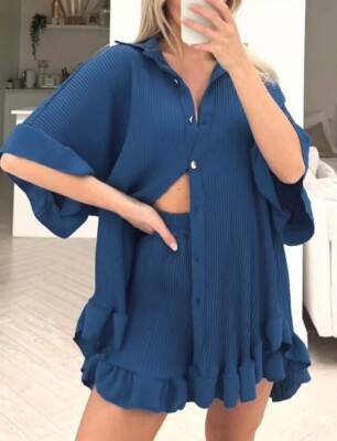 Women's Gold Button Pleated Dress & Shorts Co-ord Set - Collared Frill Top, Summer Outfit