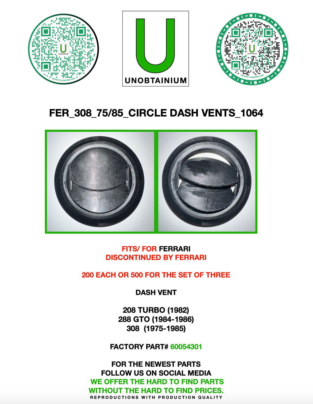 FITS/FOR FERRARI 208, 288 & 308 DASH VENT PART# 60054301