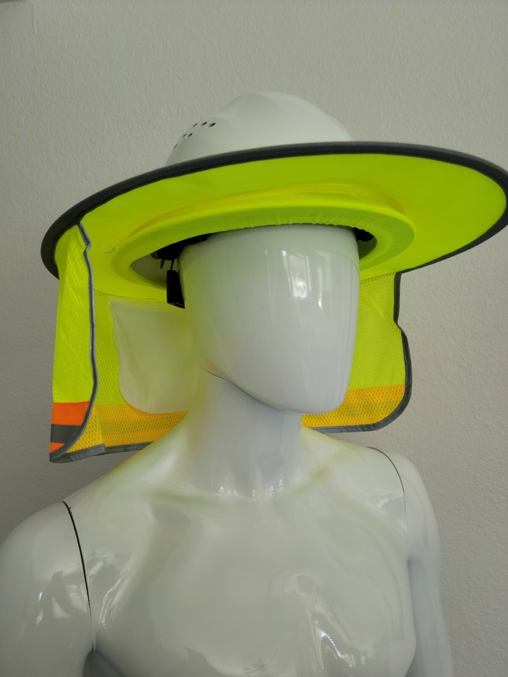 Green Hard Hat Sun Shade Visor Full Brim Mesh Neck HI VIS REFLECTIVE