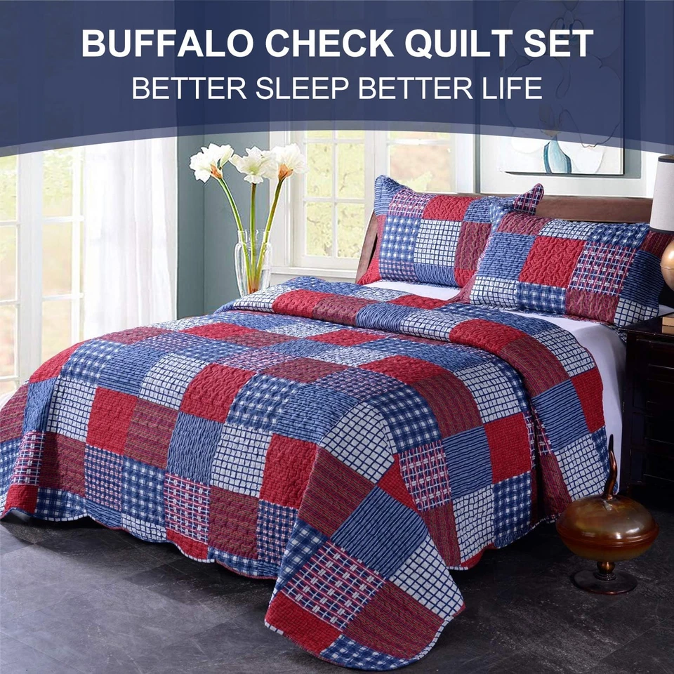 Red Blue Plaid Quilt Set Full/Queen Size Country Patchwork Bedding Lightweight R - Image 2 of 4