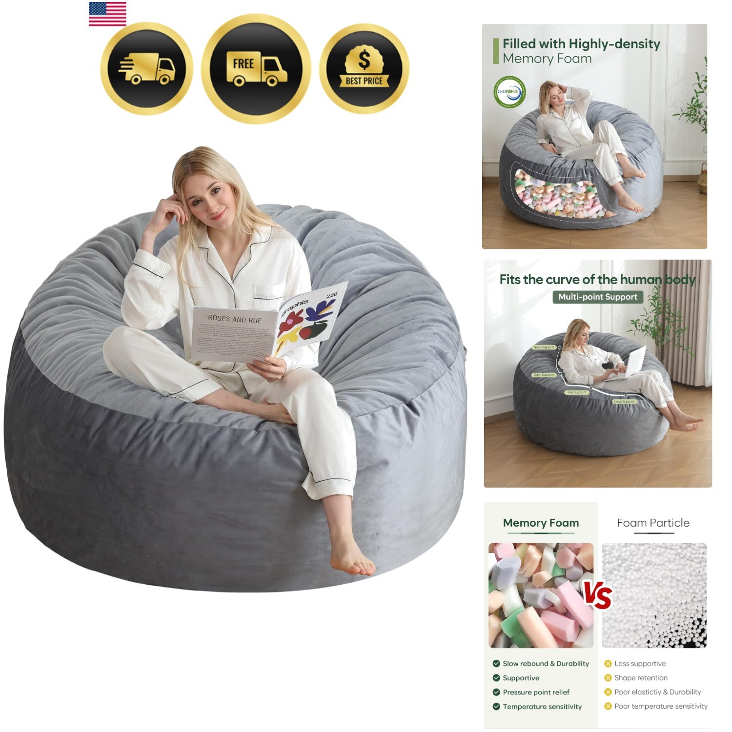 3 Ft Memory Foam Soft Velvet Sitting Lounging Filler Include