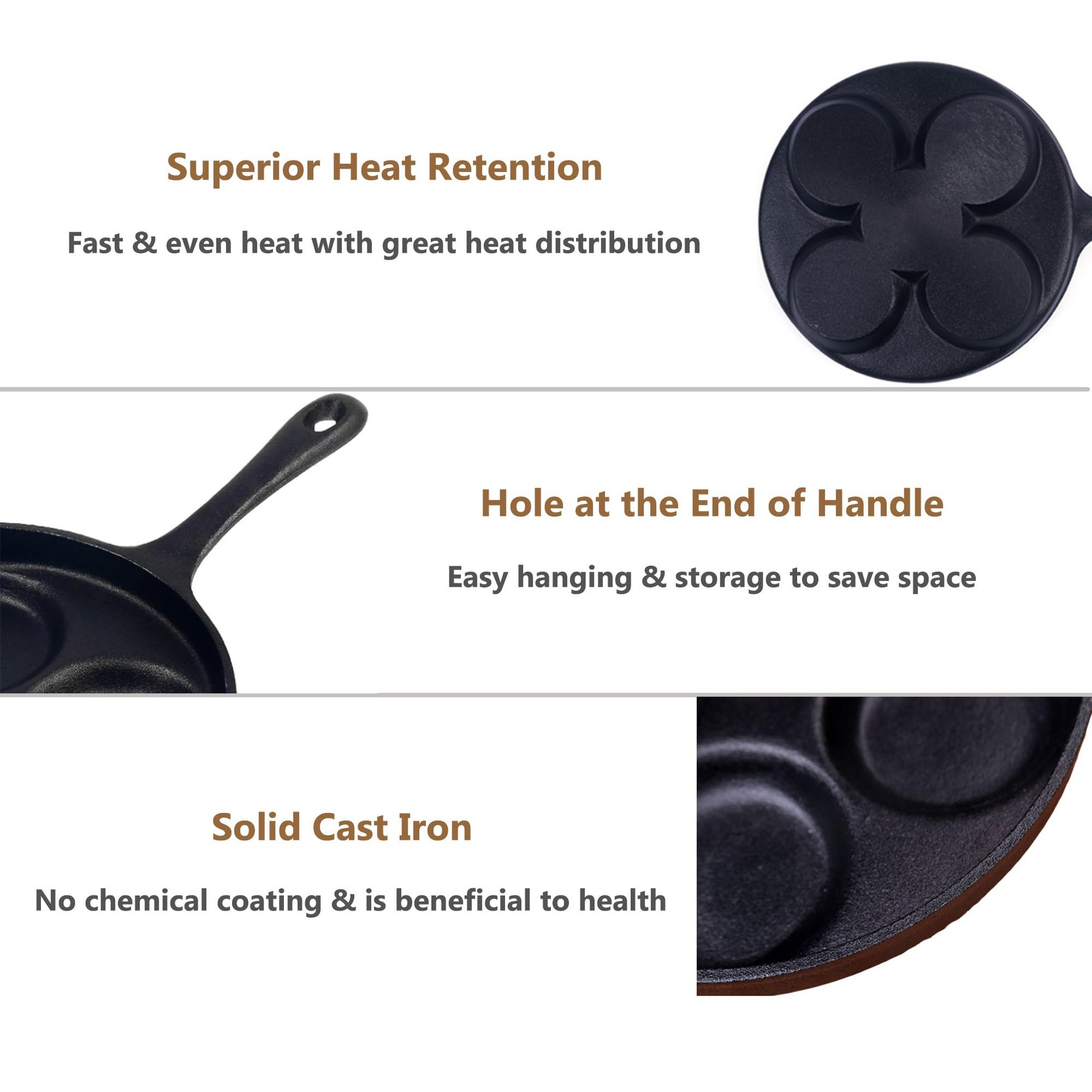 waykea 4-Cup Cast Iron Fried Egg Pan 9.5” Pancake Pan Burger Omelet Cooker Gr...