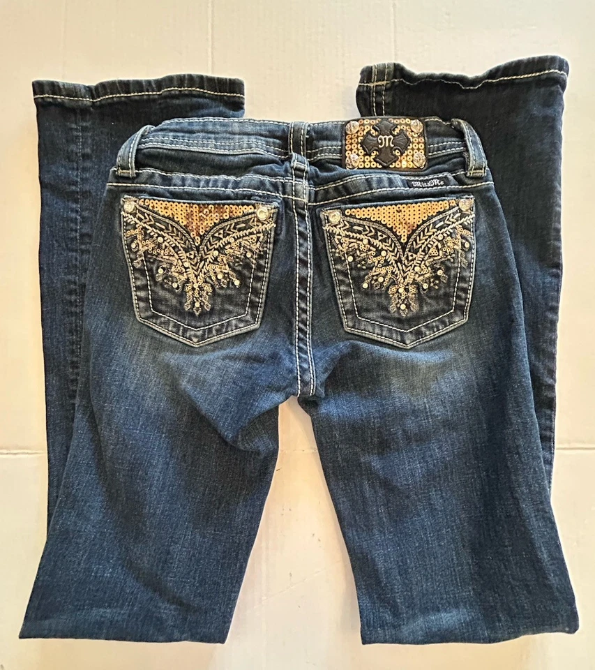 Pantalones de mezclilla Miss Me para niñas talla 14 Bootcut azul lentejuelas tiro bajo desgastados Jk8502b Foto 2 de 4