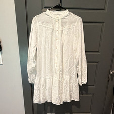 Zara White A-Line Mini Dress XS Long Sleeve Button Front Lace Trim Solid