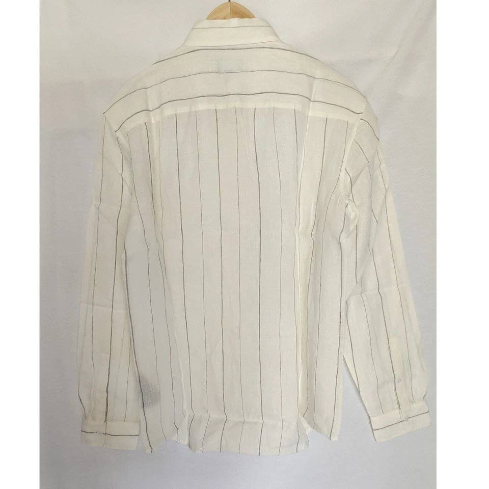 CLUB MONACO Linen Button Front Down Shirt Cream Black Stripe Linen Slim Fit M - Image 2 of 4