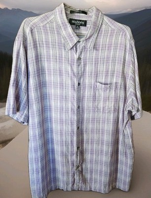 Brandini Mens 100% Linen Shirt XL Button Down Short Sleeves Pocket Plaid 